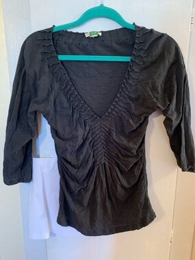 Anthropologie Black Ruched V-Neck Long Sleeve Top